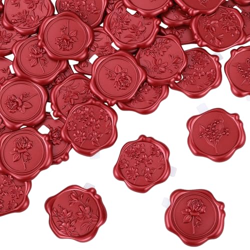 60 Pcs Wax Seal Stickers for Envelopes, Red Rose, 4 Flower Styles - color: Red