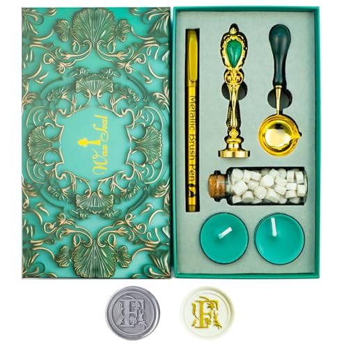 Alphabet F Wax Seal Stamp Set - Copper Head With Iron Handle, 60 Beads, Wooden Melting Spoon, 2 Candles, and Seal Pen - style: Letter F set