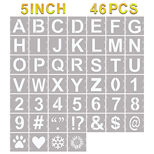 YEAJON 46 Pcs Letter Stencils Symbol Numbers Craft Stencils, Reusable Alphabet Templates Interlocking Stencil Kit for Painting on Wood, Wall, Fabric, Rock, Chalkboard, Sign, DIY Art Projects (5 Inch) - size: 5 INCH