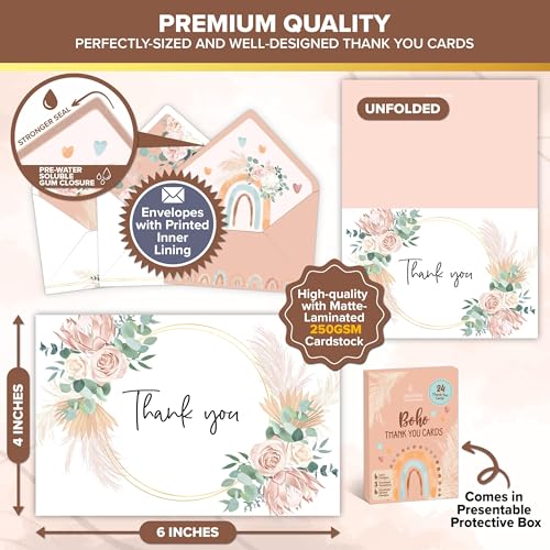 Decorably 24 Pack 6x4in Boho Thank You Cards with Envelopes and Stickers, 6 Beautiful Designs Friends, Family & Loved Ones, Blank Inside - All Occasions, Holidays, Wedding, Birthday, Anniversary - style: Boho