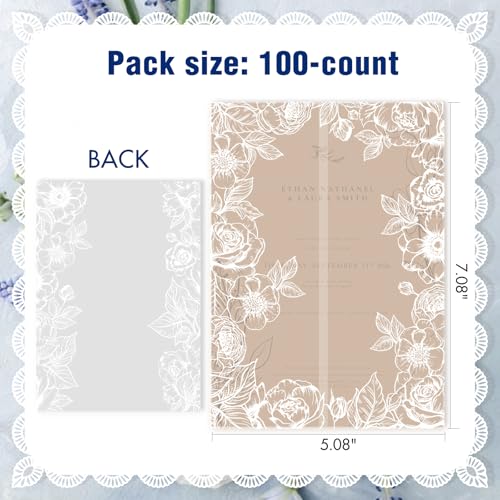 AZAZA 100 Pack Pre-Folded Vellum Jackets for 5x7 Invitations, Translucent Invitation Sleeves,115GSM Vellum Jackets 5x7, Wedding Invitation Accessories,for Weddings Birthdays,White Flower Border - color: 100Pack--White Flower Border