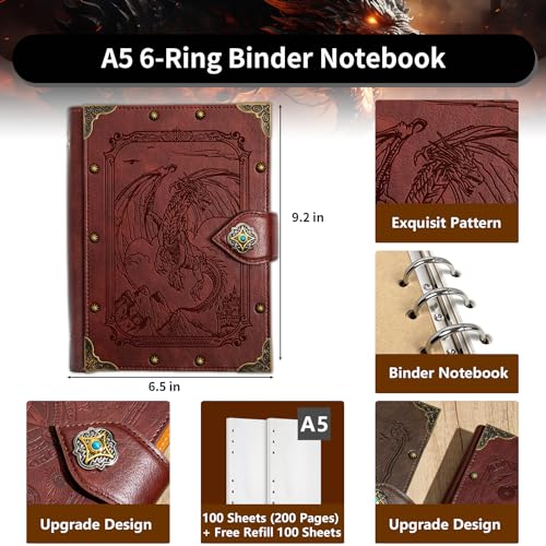 DUROTAN DND Dragon Journal Notebook,Unique A5 Binder 400 Page - color: 4-Red-FlyingDragon