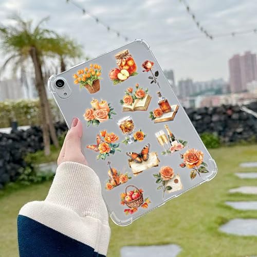 50 PCS Vintage Orange Rose Floral Scrapbook Stickers, Clear Watercolor Fall Aesthetic Stickers for Journaling, Resin Crafts, Cards, Planners, Retro Autumn Decor - color: Orange Rose