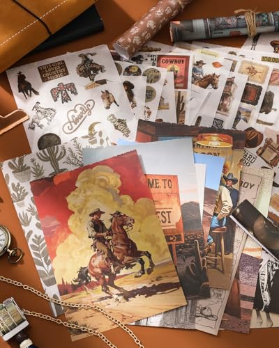 Vintage Ephemera Washi Scrapbook Sticker Book for Scrapbooking - 30 Sheets 500+ Journaling Stickers and 20 A5 Scrapbook Papers for for Junk Journals, Scrap Book Supplies for DIY Arts Crafts for Adults - color: Cowboy