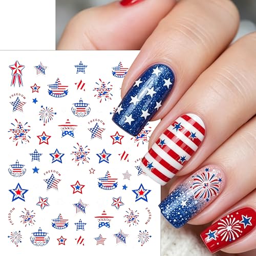 3 Pcs 4th of July Nail Stickers for Nail Art 3D Self Adhesive Independence Day Nail Art Stickers American Flag Star Fireworks Nail Decals Fourth of July Design Sticker Holiday Manicure Decor for Women - style: stars fireworks
