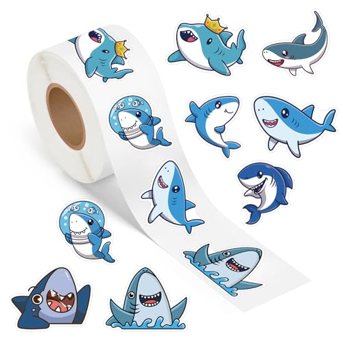 500 Pcs Shark Stickers Roll Waterproof Self Adhesive Cartoon Shark Decals for Birthday Party Favors DIY Crafts Classroom School Teacher Rewards Envelope Seals - color: Shark Stickers Roll