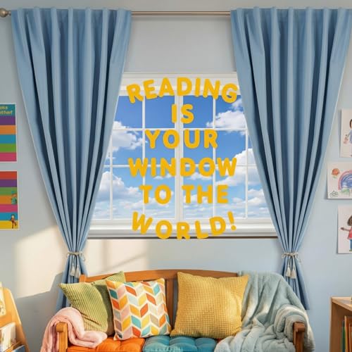 Engrowtic 7pcs Classroom Reading Corner Decor Set Includes 2 Curtains Panels 35x47in Window Backdrop, Reading is Your Window to the World Stickers, Motivational Bulletin Board Kit for Library School