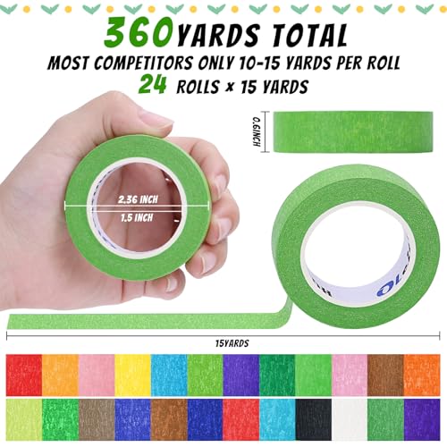 24 Rolls Colored Masking Tape 0.6 Inch x 360 Yards Rainbow Craft Tape Bulk - color: 24 Colors, size: 0.6in x 15Y-24Pack