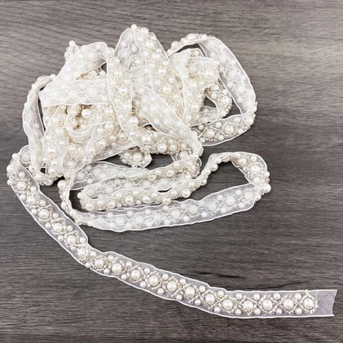 3Yards Pearl Beaded Trim Lace Ribbon Trimming Edge Embellishments for Sewing Bridal Dress Party Clothes Wedding Decoration Fabric Crafts DIY (Ivory Ribbon) - color: Ivory Ribbon