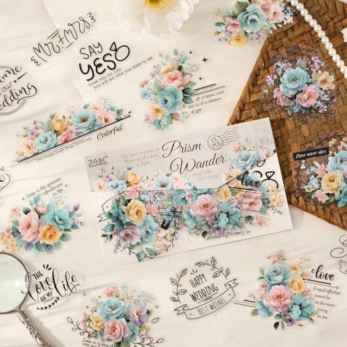 Vintage Flower Stickers for Scrapbooking, 6 Pack Transparent PET Floral with Quotes Decals, Retro Watercolor Flowers Sticker for Journaling, Junk Journal Supplies, Collage, Card Making, Crafts - color: Vintage Letter & Ephemera
