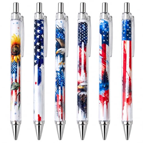 YJ PREMIUMS 6PC American Flag Pens Eagle Black and White Striped Ink Pen for 4th USA Themed Military Veterans Day Marine Crops Employees Gifts Stuff Souvenirs Novelty Items - style: American