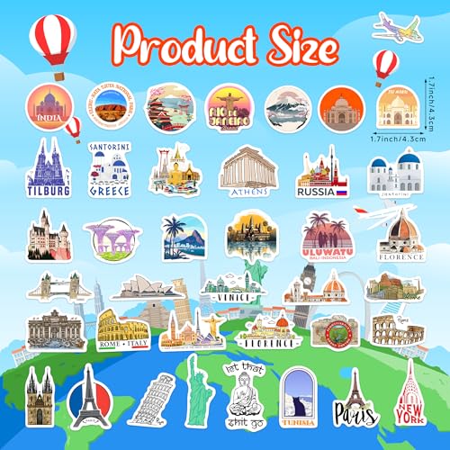 World Featured Architecture Sticker Pack, 100 Pcs Waterproof Vinyl Map Water Bottle Phone Case Laptop Decals, Travel Stickers for Girls Kids Teens Adults, Vintage Aesthetic - color: Travel-pvc-028