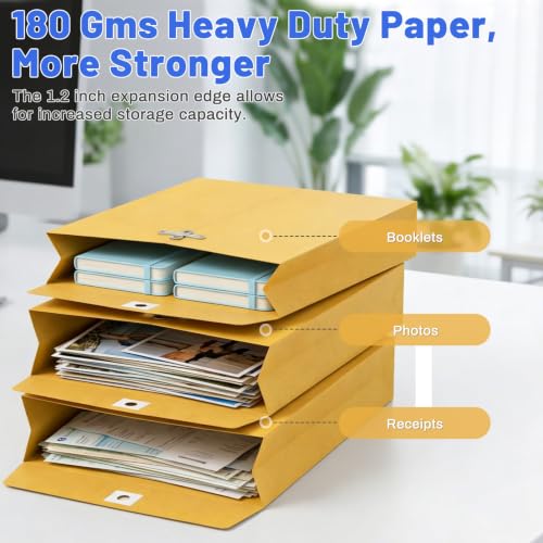 9 x 12 Expandable Manilla Envelopes with Clasp & Gummed Seal, Heavy Duty 180gsm Kraft Paper, 1.2″ Expandable Gussets, Reusable Mailer File Organizer for Documents, Contracts, Bills, Blueprints (60)