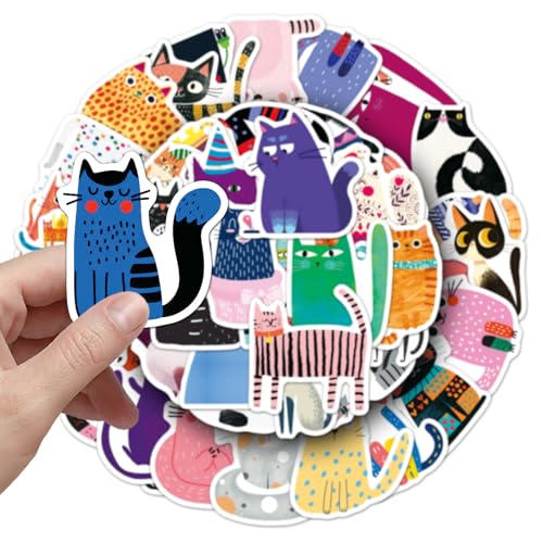 50 PCS Illustrated Cat Stickers, Waterproof Vinyl Cartoon Illustration Cat Decals for Laptop, Luggage, Skateboard, Phone, Fridge, Trendy Stickers for Teens, Adults, Boys and Girls (cat) - color: Cat