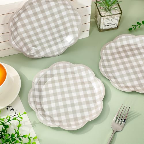 JarThenaAMCS 60 Pcs Light Camel Gingham Plaid Paper Plates Camel White Scalloped Checkered Dessert Plates 7 Inch Decorative Disposable Plate for Birthday Baby Shower Party Supplies - color: Beige, size: 7in