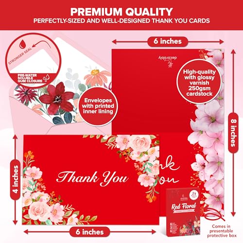 Decorably 24 Pack 6x4in Red Flowers Thank You Cards with Envelopes - style: Red Flowers