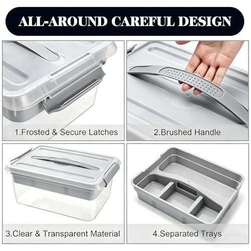 Yesland Portable Craft Storage Box with Removable Tray and Handle, 16x11x6.5 Inch Plastic Art Supply Organizer Container for Stationery, Sewing, Jewelry - Grey - size: 16 inches x 11 inches x 6.5 inches
