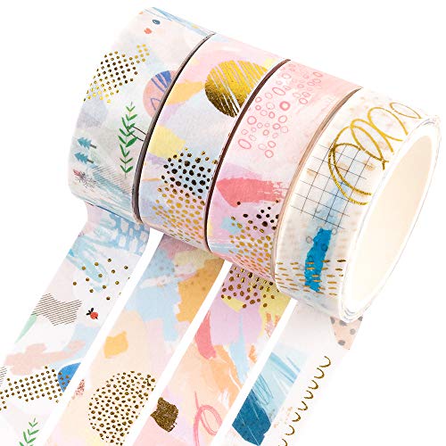 YUBBAEX Gold Washi Tape IG Style Foil Masking Tape Set Decorative for Arts, DIY Crafts, Journal Supplies, Planners, Scrapbook, Card/Gift Wrapping -4 Rolls x 15mm- (Geometric Bronzing) - color: Geometric Bronzing