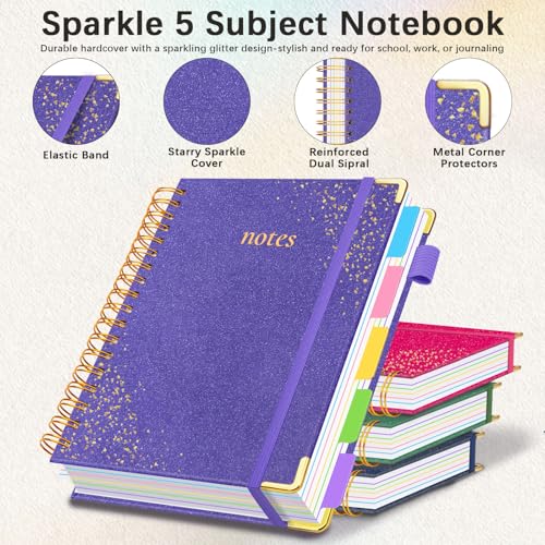 Hardcover Spiral Notebook with Tabs & Dividers, 8"x10" 5 Subject - color: Purple, size: 8''x 10''