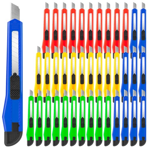 40 Pack Box Cutter Retractable, 9mm Utility Knife, Razor Knife - color: 40 Pack - Red, Yellow, Blue, Green