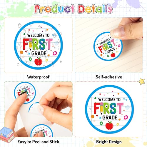 Haooryx Back to School Stickers, 500Pcs Welcome to 1st Grade Sticker 2 Roll | Self Adhesive Vinyl, Water Bottle Activity Pad, First Day of School Student Teacher Scrapbook Supplies Greeting Card Making - style: Welcome to 1st Grade
