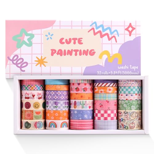PAGEMORE 32 Rolls Colorful Cute Floral Writable Washi Tape Set, Decorative Tapes for Scrapbooking and Journaling, Junk Journal Supplies, Bullet Journaling for Women Girl 5-30mm Wide 9.84ft Long/Roll - color: Cute Painting