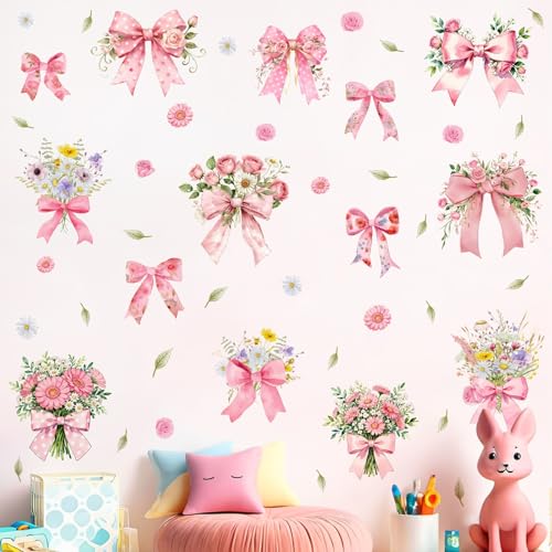 Pink Bow Wall Decor Sticker Flower Girls Bedroom Wall Decals Peel and Stick | Watercolor coquette art mural, removable floral leaves vinyl Decals, for girls women room baby room nursery bows party decor - color: Bow Flower