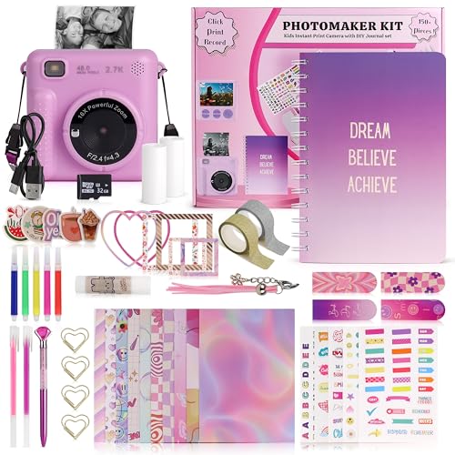 Photomaker Kit - Instant Print Camera for Kids Plus DIY Journal Kit for Girls - 150 Pcs Tween Journal & Camera for Girls - 6 7 8 9 10 11 12 13 14 Year Old Girl (Lilac) - style: Lilac