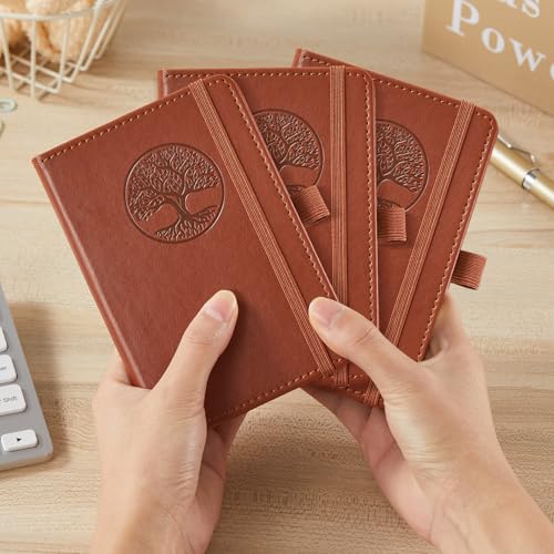 3 Pack Pocket Journal Notebooks, A6 Small Mini Notepad with Pens, 3.7" x 5.7" Leather Hardcover Note Book for Women/Men Work, 400 Pages 100GSM Lined Paper, Brown - color: 3 Brown, size: A6