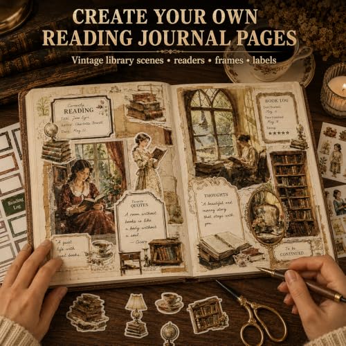 50 Sheets Precut Reading Journal Sticker Book, Vintage Scrapbook Kit - color: Reading Journal Book