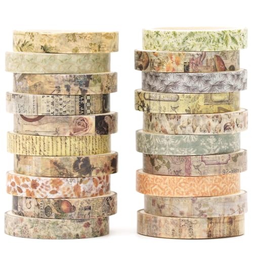 20 Rolls Skinny Vintage Washi Tape Set Retro Arts Adhesive Tapes Basic Patterns Decorative Masking Tape Sets for Craft, Kids, Scrapbook, DIY, Gift Wrapping (Forest Isles) - color: Forest Isles
