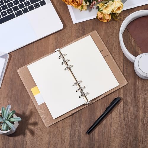 A6 120 Pages 6 Ring Soft Cover Diary Planner Binder Refillable PU Leather Travel Journal Notebook for Women Men Writing Binder Loose Leaf Cover Notepad Folder for Meeting Fill Paper(White) - color: Tan
