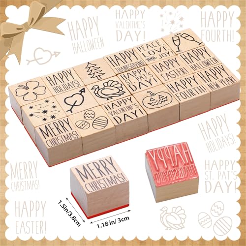 MotiMind 18 Pcs All Holiday Wood Stamps Set Wooden Rubber Holiday Stamps for Card Making Decoration and Scrapbooking Supplies
