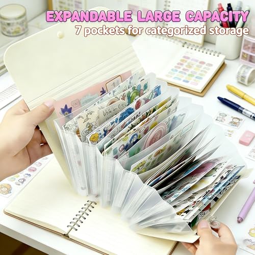 Sticker Storage Organizer with 7 Expandable Pockets, A6 Multi-Layer Desktop Sticker Binder for Scrapbook Essentials and Journal Organizer, Large Capacity for Thick Sticker Album, Washi Tape(3 Color) - color: blue+purple+cream