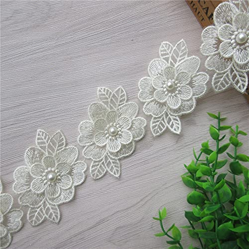 2 Yards 3D Flower Lace Trim Pearl Embroidered Polyester Lace Ribbon Fabric Applique Patchwork for Wedding Dress Handmade DIY Sewing Craft Supplies Decoration (Beige) - color: Beige