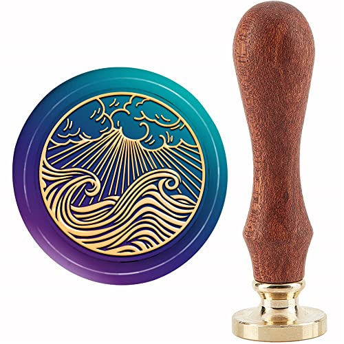 CRASPIRE Sun Wax Seal Stamp Clouds Sealing Wax Stamps Waves 30mm Retro Vintage Removable Brass Stamp Head with Wood Handle for Wedding Invitations Halloween Christmas Thanksgiving Gift Packing - style: sun clouds waves