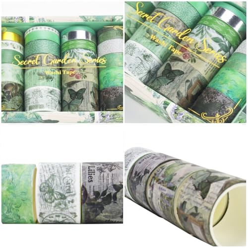 Washi Tape Set, 24 Rolls Vintage Washi Stickers, Assorted Sizes, for Junk Journal Scrapbook Tape, Bullet Journaling Scrapbooking Supplies, Planner Sticker DIY Craft DéCor (Green) - color: Green