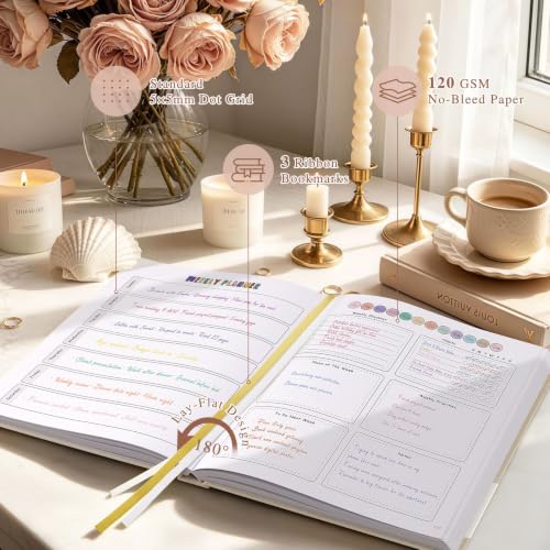Everloria Premade Dotted Journal Notebook, 12 Months Pre-made Bullet Templates, 260 Hand-Drawn Coloring Pages, Undated Weekly & Monthly Planner, 7.8"x9.3" Linen Dot Grid Habit Mood Tracker, Beige - color: Beige