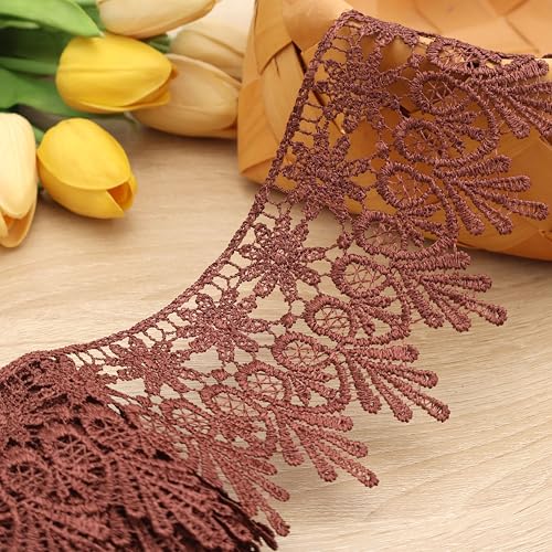 GXTIZAS Brown Lace Ribbon 3.2Inch Wide Lace Trim for Sewing | scalloped embroidery for vintage weddings, costumes, pillows, curtains, gift décor and romantic DIY creations Crafts - color: Brown