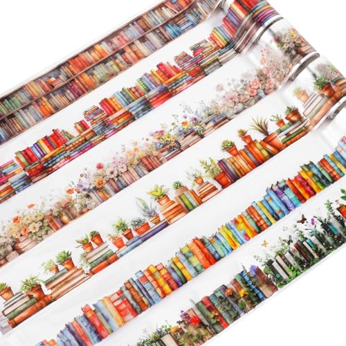 6 Rolls Book-Themed PET Tape, PET Tape Stickers for Journaling, Library and Nature-Inspired Floral washi Stickers Book Journal Supplies for DIY Crafts, Gift Wrapping, Scrapbooking and Journaling - style: Books