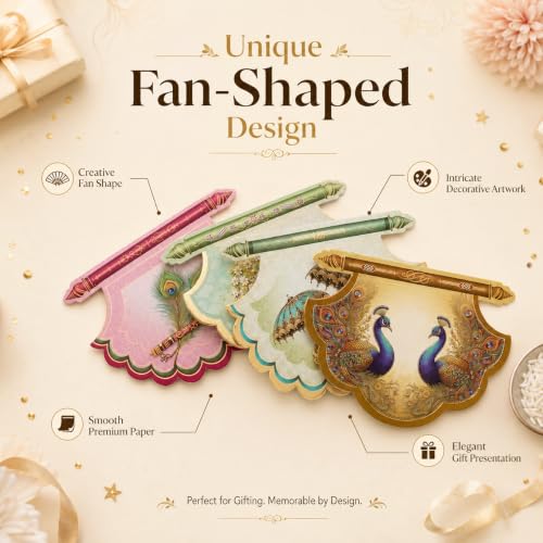 Fan Shaped Gift Envelopes Pack of 4, Decorative Money Envelopes for Wedding, Festival & Birthday Gifting, Elegant Designer Cash Covers with Traditional Pattern