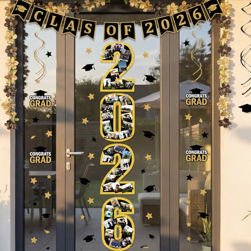 Eaasty 4 Pcs 2026 Graduation Photo Display Decoration Picture Display Board Frame Collage Graduation Decorations Gold Glitter Paper Cutouts with Self-Adhesive Dots for Wall College Class of 2026 Party