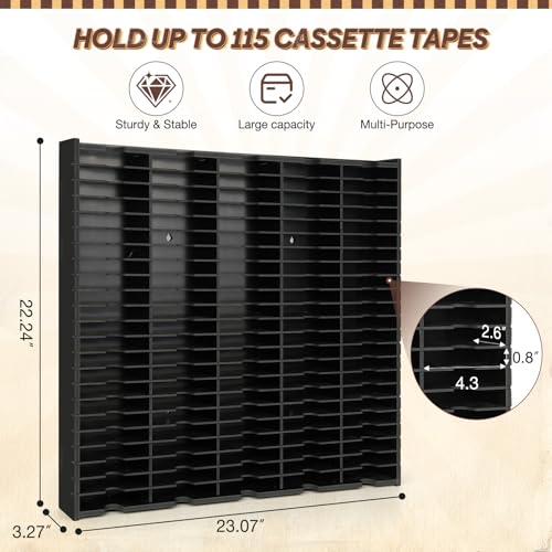 115-Slot Cassette Tape Storage Organizer Rack | Wall Mount Cassette Tape Holder, Audio Cassettes Display Shelf, Ideal Gift for Cassette Collectors - color: black