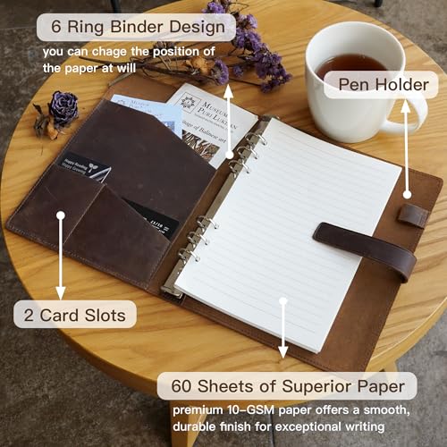 Refillable A5 Leather Binder Notebook 6-Ring, Reusable Genuine Leather Journal, Vintage Planner, 120 Pages Lined Paper & Pocket, for Writers Business Work Study College and Daily, 6.9”x 9”