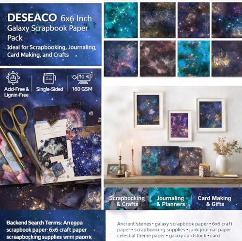 Galaxy Scrapbook Paper 6x6, 12 Cosmic Designs, Acid-Free 160gsm Single-Sided Decorative Craft Paper for Scrapbooking, Journaling, Card Making & DIY Crafts-24 Sheets - color: 6x6 Bright Galaxy