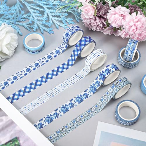 Whaline 12 Rolls Blue Floral Washi Tape Chinoiserie Masking Tape Set Toile Flower Leaves Plaid Striped Dots Decorative Wrapping Paper Tapes Boxed for Scrapbook Journal DIY Crafts - style: Blue Floral