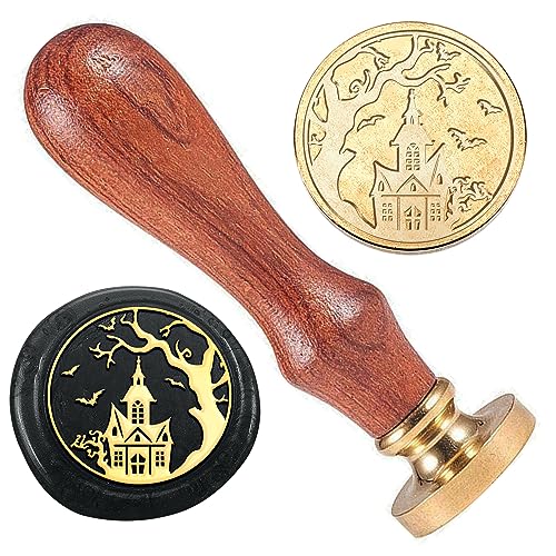 Haunted House Wax Sealing Stamp, 1" Brass Wax Seal Stamp Head with Wooden Handle Castle Wax Stamp for Halloween Invitation Gift Wrapping Envelopes Wine Package Decoration - color: Haunted House