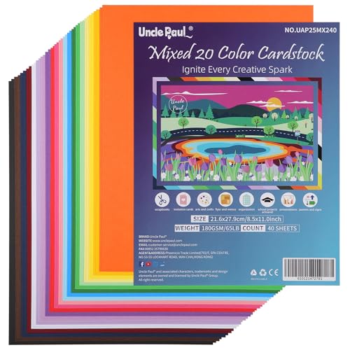 Uncle Paul 40 Sheets Mixed 20 Colors Cardstock - 8.5'' x 11'' 65lb - color: Mixed 20 Colors, size: Letter Size [40 Sheets]