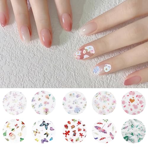 1 Box 10 Rolls Flower Nail Foil Transfer Sheets Nail Art Stickers PET Floral Blossom Butterfly Santa Tree Sticker Decals for Manicure Arts Supplies Decorations 39x1.6 Inch - style: Style 2