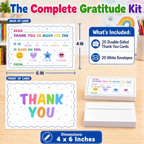 Stars Thank You Card For Kids, 20 Pack Thank You Notes Cards With Envelopes, Fill In The Blank Colorful Birthday Party Greeting Cards, Baby Shower Party Decor Decoration, 06 - color: White